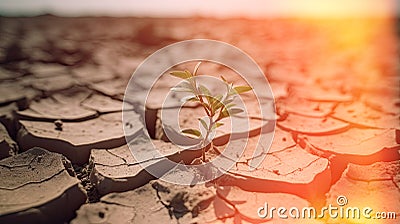 Desert plant thrives on parched, fractured terrain, sweltering day, impacted by climate shift. Generative AI Stock Photo