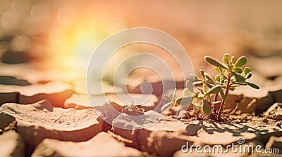 Desert plant thrives on parched, fractured terrain, sweltering day, impacted by climate shift. Generative AI Stock Photo