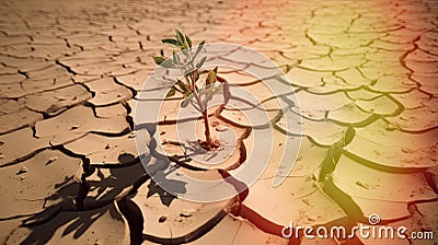 Desert plant thrives on parched, fractured terrain, sweltering day, impacted by climate shift. Generative AI Stock Photo