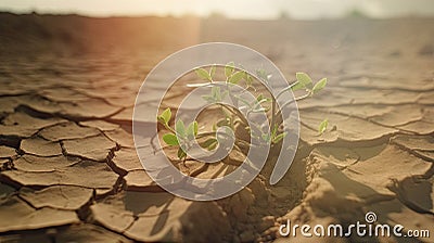 Desert plant thrives on parched, fractured terrain, sweltering day, impacted by climate shift. Generative AI Stock Photo