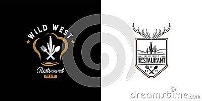 Desert Restaurant Logo. With cactus, spoon, fork, deer horn and chef hat icon. On brown, white, and black colors Cartoon Illustration