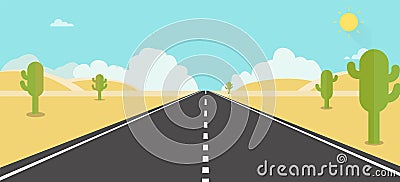 Desert road around with cactus.Nature desert with sky Vector Illustration