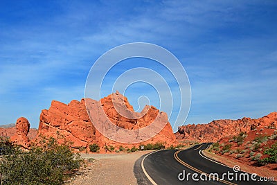 Desert Road at Seven Sisters Rocks in Valley of Fire State Park, Nevada Stock Photo