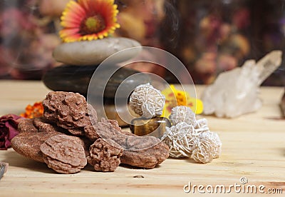 Desert Rose Rocks From Oklahoma on Meditation Table Stock Photo