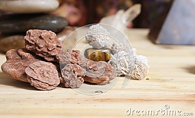 Desert Rose Rocks From Oklahoma on Meditation Table Stock Photo