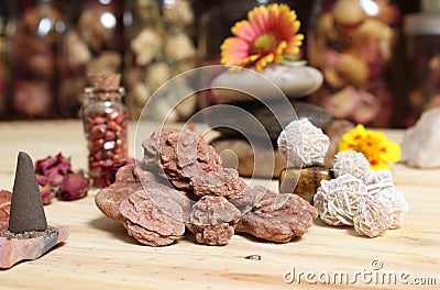 Desert Rose Rocks From Oklahoma on Meditation Table Stock Photo