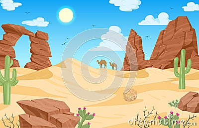 Desert sand landscape, cactus and tumbleweed view. Cartoon western canyon rocks landscape flat vector background set. Sand desert Vector Illustration