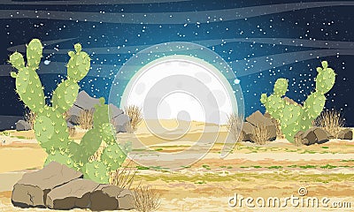 Desert with sand, stones and large green cacti Opuntia at night. Vector Illustration