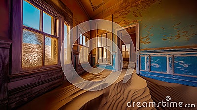 Desert sand taking over old wooden house, AI generative landscape Stock Photo