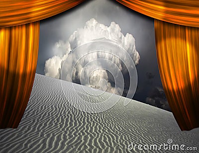 Desert Sands seen through opening in curtains Stock Photo