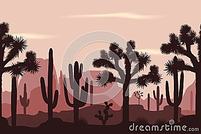 Desert seamless pattern with joshua trees and saguaro cacti. Vector Illustration