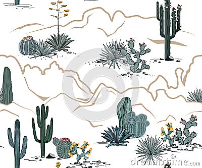 Desert seamless pattern with mountains, blooming cacti, opuntia, and saguaro. Vector background. Vector Illustration