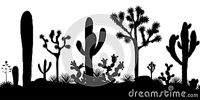 Desert seamless pattern with silhouettes of joshua trees, opuntia, and saguaro cacti. Vector Illustration