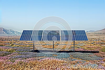 Desert Solar Array with Colorful Vegetation and Mountains, generative ai Stock Photo