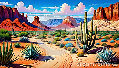 Desert summer view peaceful outdoor hiking trail Cartoon Illustration