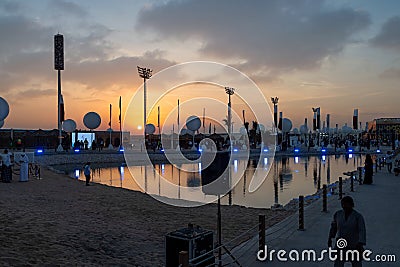Desert at sunrise, morning glow over dunes inland sea of the Sea line Desert just out of Doha, Qatar. Editorial Stock Photo