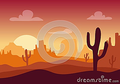 Desert sunset silhouette landscape. Arizona or Mexico western cartoon background with wild cactus, canyon mountain Vector Illustration