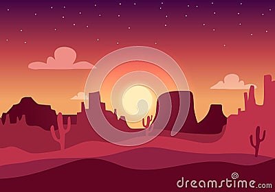 Desert sunset silhouette landscape. Arizona or Mexico western cartoon background with wild cactus, canyon mountain Vector Illustration