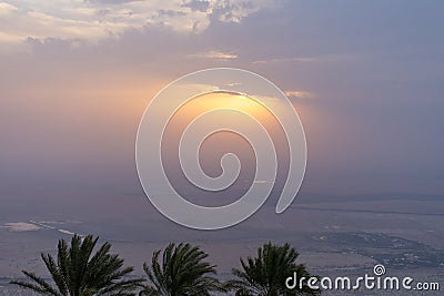 Desert Sunset on top of Jebal Hafeet Jebel Hafit Stock Photo