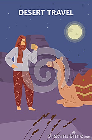 Desert travel banner with tourist in desert camp, flat vector illustration. Vector Illustration