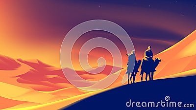 A nomad is crossing a desert with a sunset vibe Vector Illustration