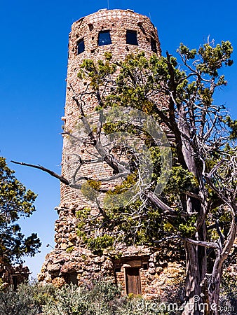 Desert View Watchtower offers the best view of the bottom of Grand Canyon Stock Photo