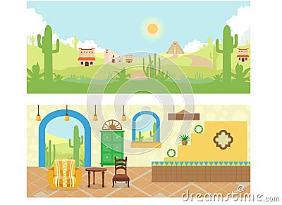 Mexican House and Desert Illustrations Stock Photo