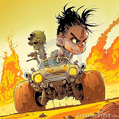 Desert wars and car battles in a hand-drawn style. Mad max, fury road, art Cartoon Illustration
