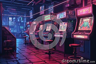 A deserted arcade, neon lights flickering and casting an eerie glow on the abandoned machines. Generative AI Stock Photo