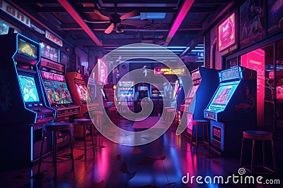 A deserted arcade, neon lights flickering and casting an eerie glow on the abandoned machines. Generative AI Stock Photo