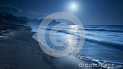 On a deserted beach the moons light illuminates a path on the sand as the waves continue their neverending dance. The Stock Photo