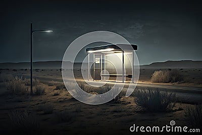 a deserted bus stop, with the beam of a flashlight shining against the darkness Stock Photo