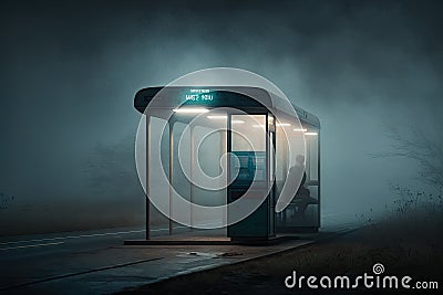 a deserted bus stop in a dark and gloomy night filled with mist, waiting for the next passenger Stock Photo
