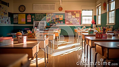 Deserted learning space in an academic setting, concepts schools. Generative AI Stock Photo