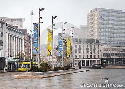 Deserted Nottingham empty market square on foggy morning during Covid 19 pandemic lockdown stone carved lion outside council house Editorial Stock Photo