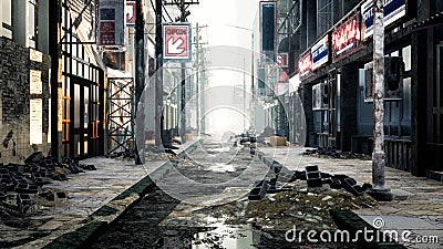 A deserted post-apocalyptic city. The camera flies through the empty ruined city. Deserted post-apocalyptic street in Stock Photo