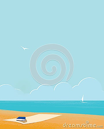 Deserted seashore. Sultry noon on the beach. Seagull, sailboat and clouds Stock Photo