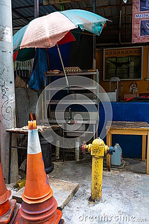 Deserted street food market. Coronavirus pandemic, empty jobs. Closed business Editorial Stock Photo