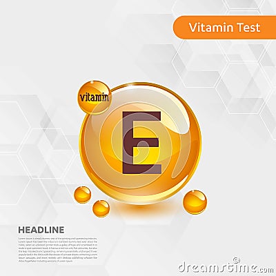 Vitamin E gold shining pill capcule icon, cholecalciferol. golden Vitamin complex with Chemical formula substance drop. Medical f Vector Illustration