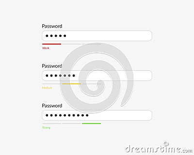 Password weak, medium and strong interface. Password form template for website. Vector Illustration