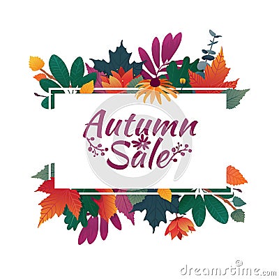 Design banner with autumn sale logo. Discount card for fall season with white frame and herb. Promotion offer with Vector Illustration