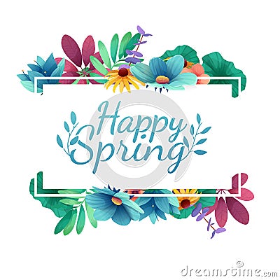 Design banner with Happy spring logo. Card for spring season with white frame and herb. Promotion offer with sprin Vector Illustration