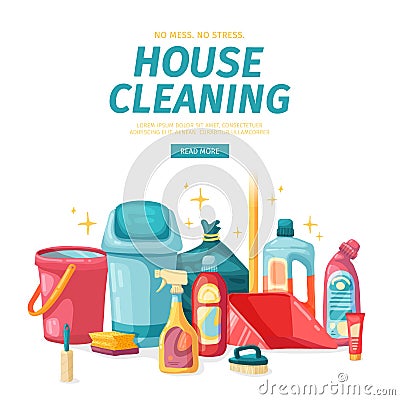 Design banner House cleaning with cleaning products. Cartoon illustration household chemicals. Temlate for flyer clean Vector Illustration