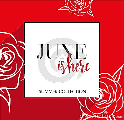 Design banner with lettering June is here logo. red Card for spring season with black frame and wthite roses. Promotion offer Stock Photo