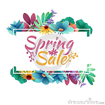 Design banner with spring sale logo. Discount card for spring season with white frame and herb. Promotion offer wit Vector Illustration