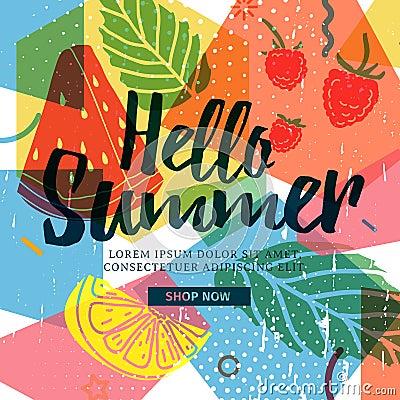 Design banner for summer season. Abstract geometric background with silhouettes fruit, lemon, strawberry and mint. Text Vector Illustration