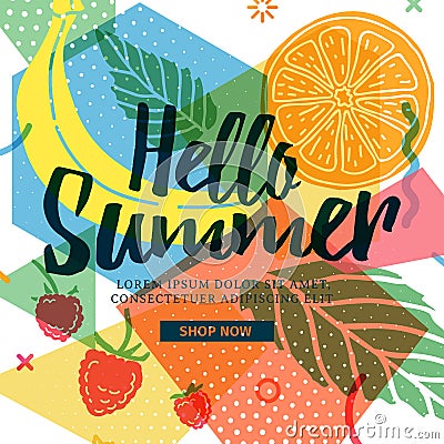 Design banner for summer season. Abstract geometric background with silhouettes fruit, lemon, strawberry and mint. Text Vector Illustration