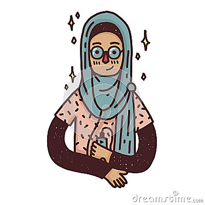 Design banner with a young muslim girl in glass. Cute cartoon woman in hijab. Happy character for a body positive poster Vector Illustration