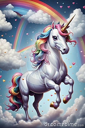 A design of beautiful unicorn with magical horn that shoots out rainbows, surrounded by clouds and hearts, fantasy art, fairy tale Stock Photo