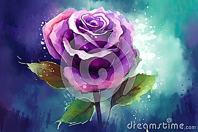 Design a beautiful watercolor illustration of a single purple rose Cartoon Illustration